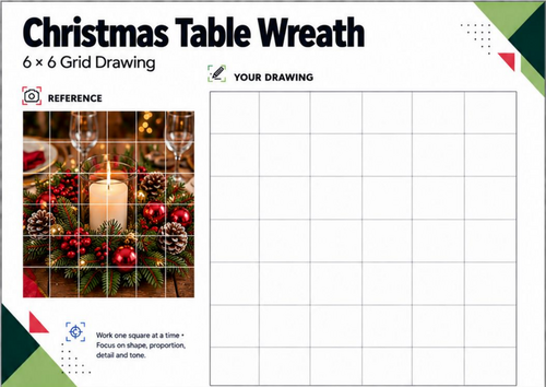 Christmas Table Wreath Grid Drawing Worksheet | Candle Still Life | KS3 KS4 Art