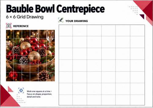 Christmas Bauble Bowl Grid Drawing Worksheet | Festive Still Life Art | KS3 KS4