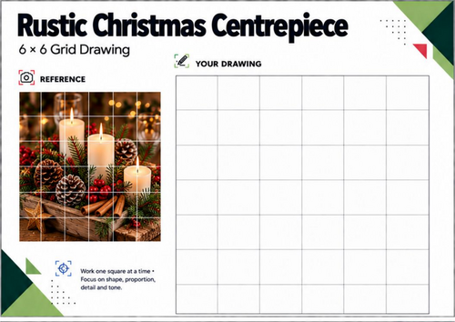 Rustic Christmas Centrepiece Grid Drawing Worksheet | Festive Art | KS3 KS4