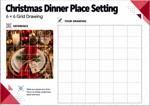 Christmas Dinner Place Setting Grid Drawing Worksheet | Festive Art | KS3 KS4