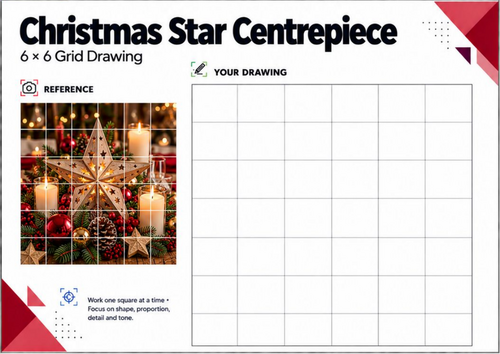 Christmas Star Centrepiece Grid Drawing Worksheet | Festive Still Life | KS3 KS4