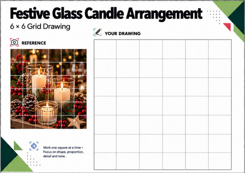 Christmas Candle Arrangement Grid Drawing Worksheet | Festive Art | KS3 KS4