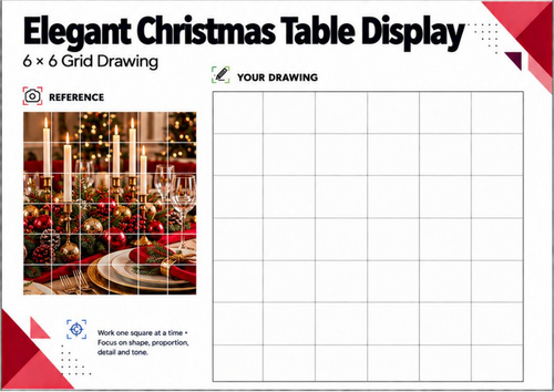 Christmas Table Display Grid Drawing Worksheet | Festive Still Life | KS3 KS4 Art
