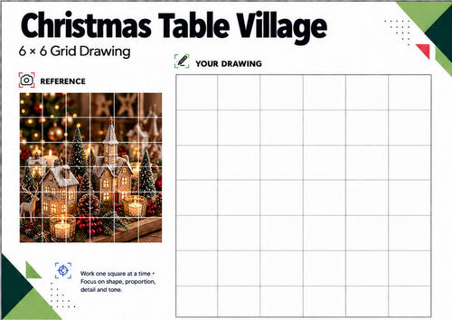 Christmas Village Grid Drawing Worksheet | Festive Table Scene | KS3 KS4 Art