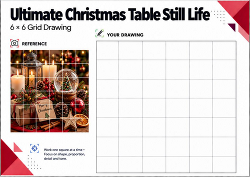 Christmas Still Life Grid Drawing Worksheet | Festive Drawing Challenge | KS3 KS4 Art