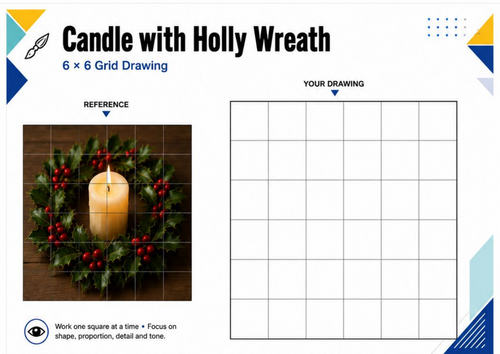 Christmas Holly Wreath Candle Grid Drawing Worksheet | KS3 KS4 Art