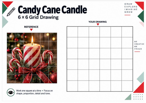 Candy Cane Christmas Candle Grid Drawing Worksheet | Festive Art Activity