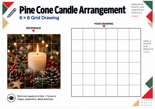 Christmas Pine Cone Candle Grid Drawing Worksheet | Observational Art KS3 KS4