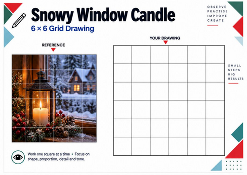 Snowy Christmas Window Candle Grid Drawing Worksheet | Winter Art Activity