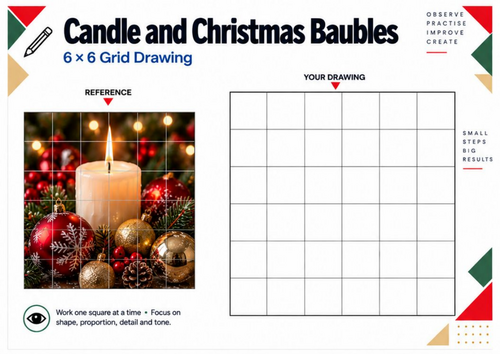 Christmas Candle & Baubles Grid Drawing Worksheet | KS3 KS4 Festive Art