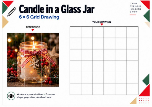 Christmas Candle in Glass Jar Grid Drawing Worksheet | Festive Art Activity
