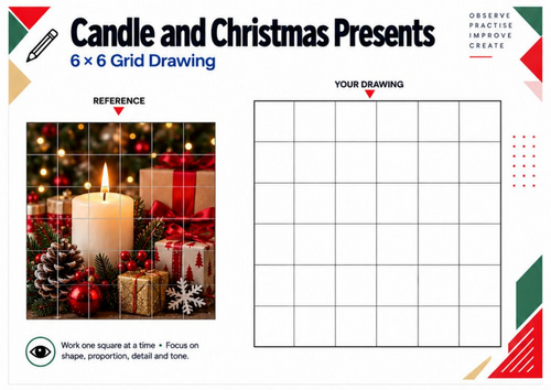 Christmas Candle & Presents Grid Drawing Worksheet | Festive KS3 KS4 Art
