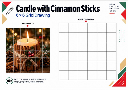 Christmas Candle & Cinnamon Sticks Grid Drawing Worksheet | KS3 KS4 Art