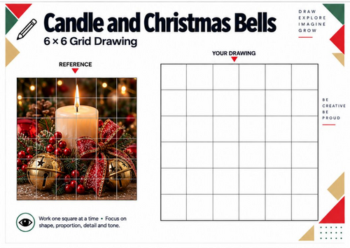 Christmas Candle & Bells Grid Drawing Worksheet | Festive Art KS3 KS4