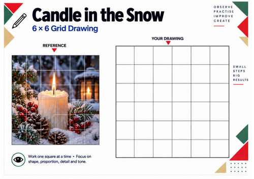 Christmas Candle in the Snow Grid Drawing Worksheet | Winter Art KS3 KS4