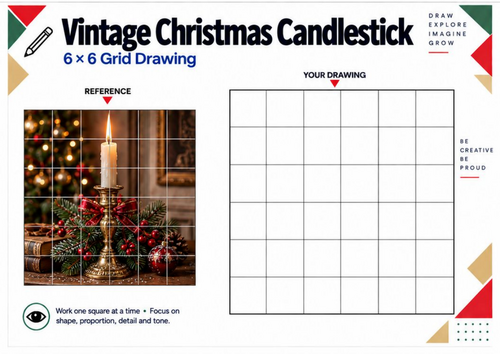 Vintage Christmas Candlestick Grid Drawing Worksheet | KS3 KS4 Art