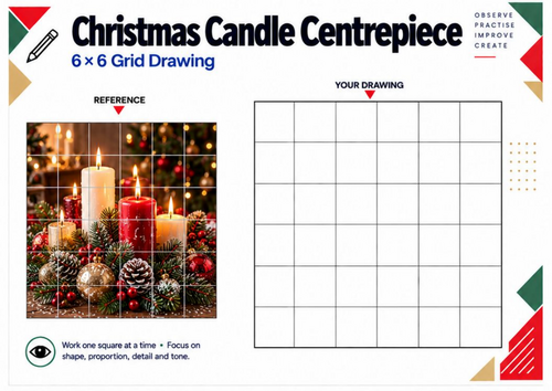Christmas Candle Centrepiece Grid Drawing Worksheet | Festive KS3 KS4 Art