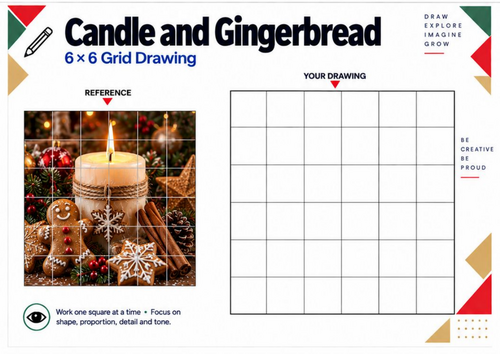 Christmas Candle & Gingerbread Grid Drawing Worksheet | Festive Art Activity