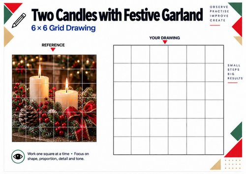 Christmas Candles & Garland Grid Drawing Worksheet | KS3 KS4 Festive Art