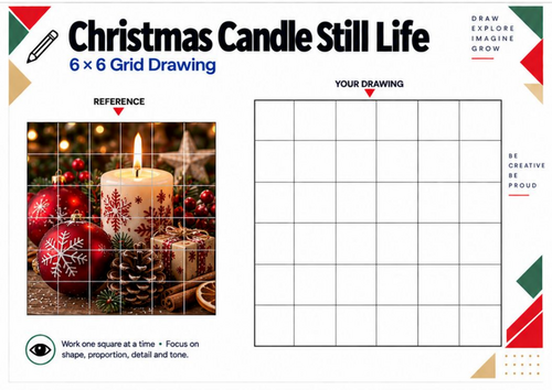 Christmas Candle Still Life Grid Drawing Worksheet | Festive KS3 KS4 Art