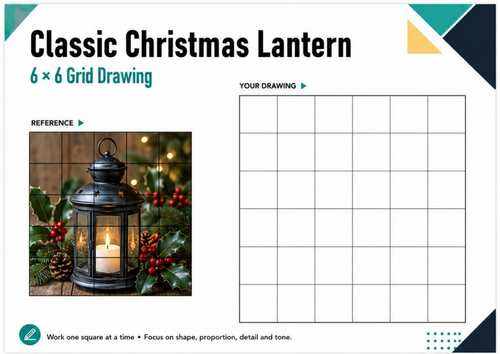 Classic Christmas Lantern Grid Drawing Worksheet | 6x6 Festive Drawing | KS3 KS4 Art