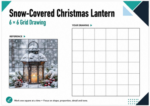 Snow-Covered Christmas Lantern Grid Drawing Worksheet | 6x6 Christmas Art | KS3 KS4