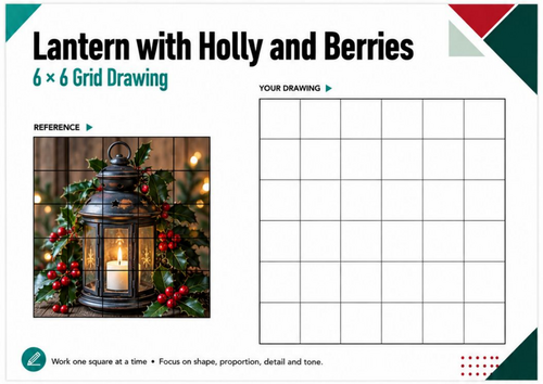 Christmas Lantern with Holly & Berries Grid Drawing Worksheet | KS3 KS4 Art