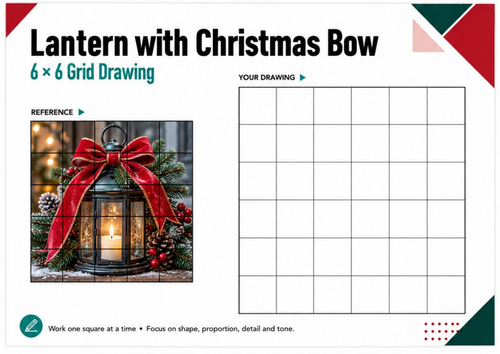Christmas Lantern with Bow Grid Drawing Worksheet | 6x6 Festive Art Activity