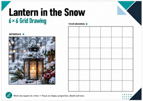 Lantern in the Snow Grid Drawing Worksheet | Christmas Winter Art | KS3 KS4