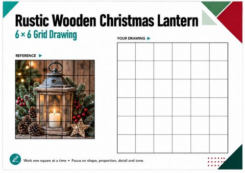 Rustic Wooden Christmas Lantern Grid Drawing Worksheet | 6x6 KS3 KS4 Art