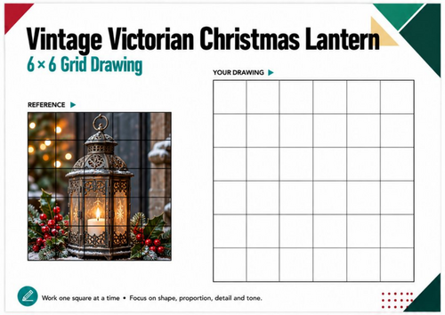 Decorative Victorian Christmas Lantern Grid Drawing Worksheet | 6x6 Festive Art