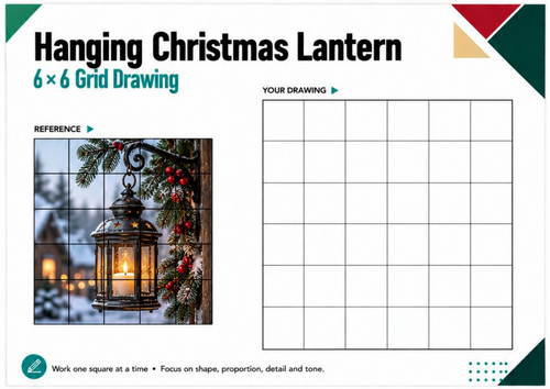 Hanging Christmas Lantern Grid Drawing Worksheet | 6x6 Christmas Drawing KS3 KS4