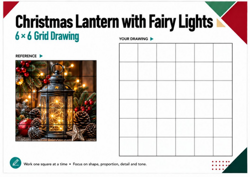 Christmas Lantern with Fairy Lights Grid Drawing Worksheet | Festive Art KS3 KS4