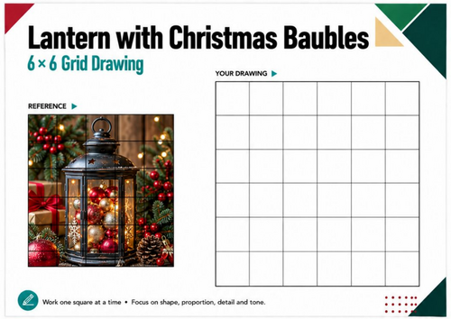 Christmas Lantern & Baubles Grid Drawing Worksheet | 6x6 Festive Art KS3 KS4