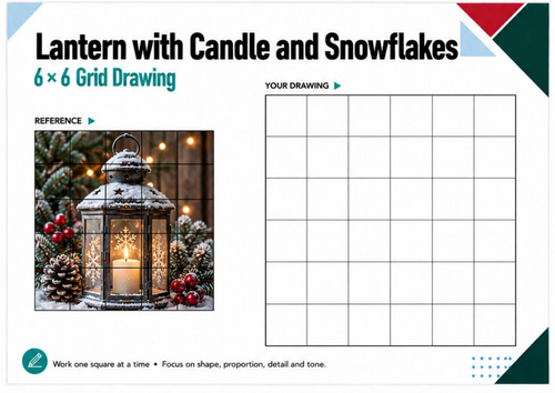 Christmas Lantern Candle & Snowflakes Grid Drawing Worksheet | Winter Art KS3 KS4