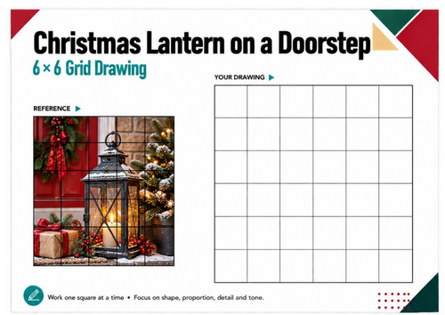 Christmas Lantern on a Doorstep Grid Drawing Worksheet | Festive Art KS3 KS4