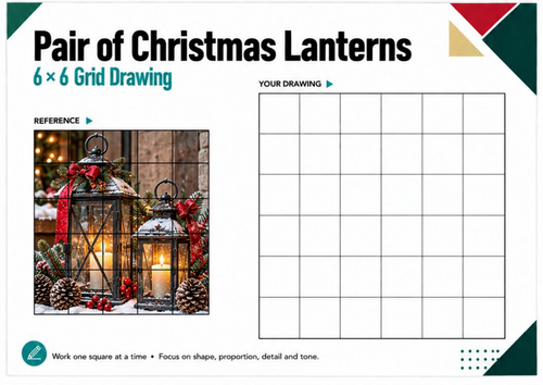 Pair of Christmas Lanterns Grid Drawing Worksheet | 6x6 Christmas Art KS3 KS4