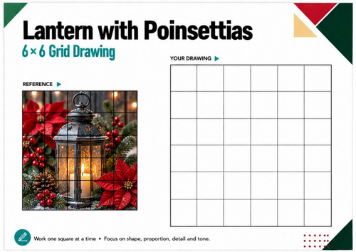 Christmas Lantern with Poinsettias Grid Drawing Worksheet | Festive Art KS3 KS4