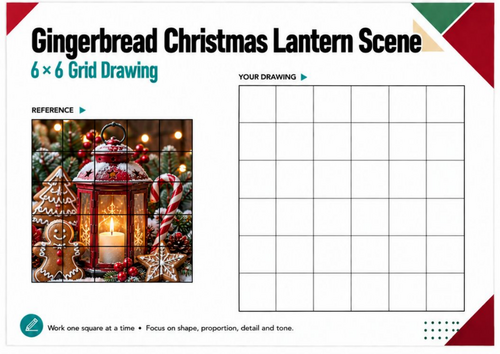 Gingerbread Christmas Lantern Grid Drawing Worksheet | Festive Drawing KS3 KS4