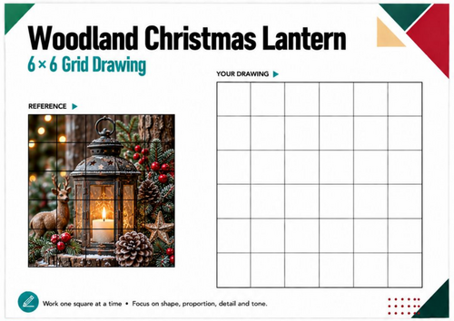 Woodland Christmas Lantern Grid Drawing Worksheet | Winter Nature Art KS3 KS4