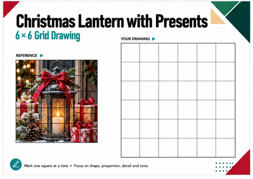 Christmas Lantern with Presents Grid Drawing Worksheet | 6x6 Festive Art KS3 KS4
