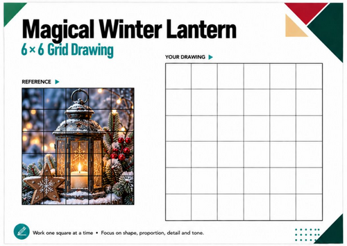 Magical Winter Lantern Grid Drawing Worksheet | 6x6 Christmas Art KS3 KS4