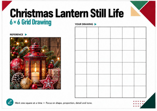 Christmas Lantern Still Life Grid Drawing Worksheet | 6x6 Festive Art KS3 KS4