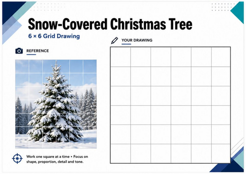 Snowy Christmas Tree Grid Drawing Worksheet | Winter Art Activity | KS3 KS4