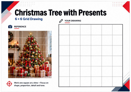 Christmas Tree with Presents Grid Drawing Worksheet | Christmas Art | KS3 KS4
