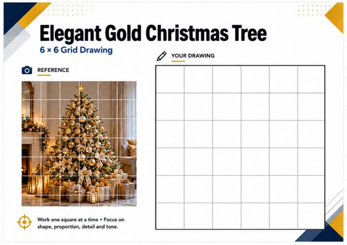 Gold Christmas Tree Grid Drawing Worksheet | Festive Drawing Activity | KS3 KS4