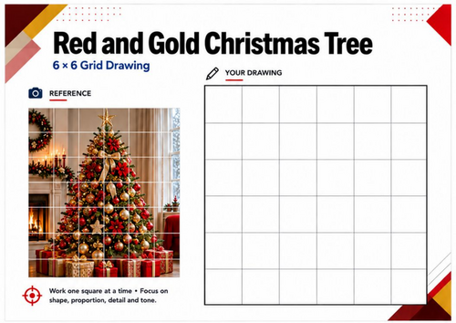 Red & Gold Christmas Tree Grid Drawing Worksheet | Christmas Art | KS3 KS4