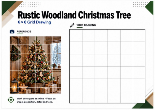 Rustic Christmas Tree Grid Drawing Worksheet | Woodland Christmas Art | KS3 KS4