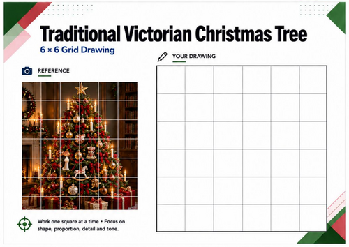 Victorian Christmas Tree Grid Drawing Worksheet | Traditional Christmas Art | KS3 KS4