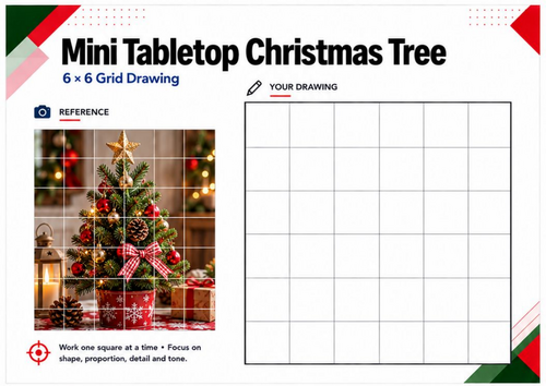 Mini Christmas Tree Grid Drawing Worksheet | Festive Still Life Art | KS3 KS4